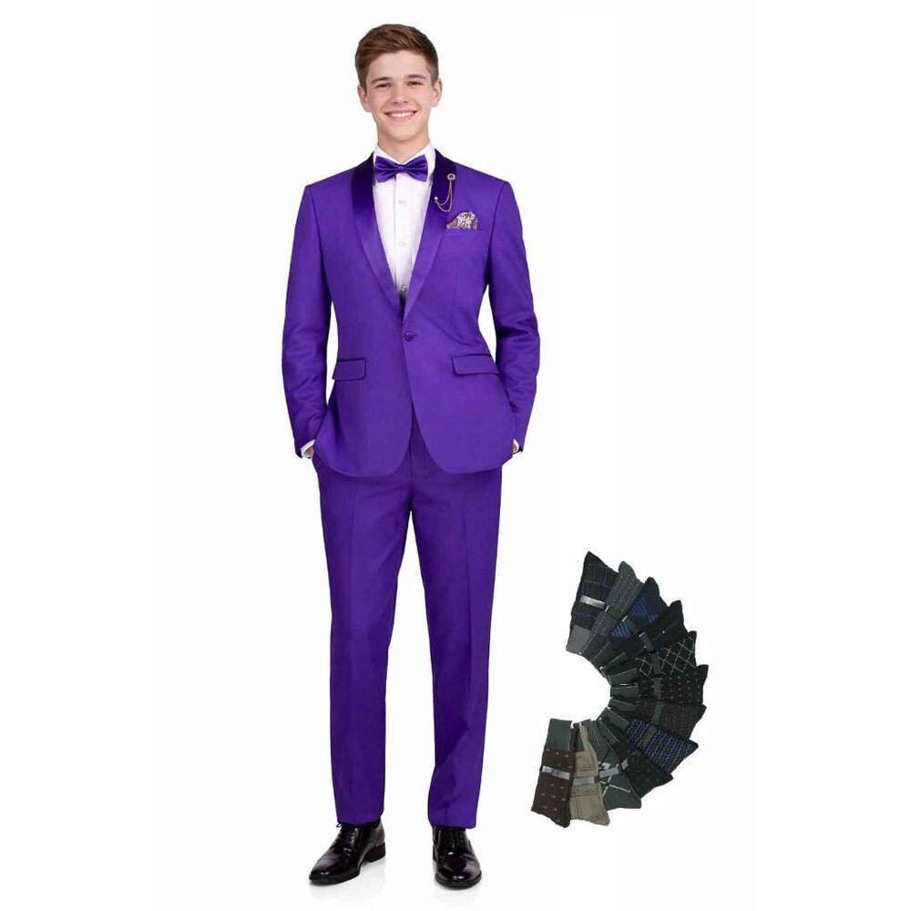 Men’s Slim-Fit Stretch Tuxedo—Bow Tie, Built‑In Pocket Square & Socks–Purple